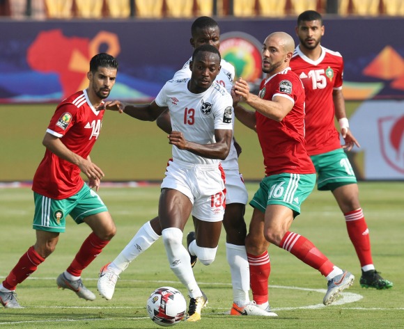 Peter Shalulile of Namibia challenged by Nordin Amaabat of Morocco during the 2019 Africa Cup of Nations Finals match between Morocco and Namibia at Training at Al-Salaam Stadium, Cairo, Egypt on 23 June 2019 ©Samuel Shivambu/BackpagePix